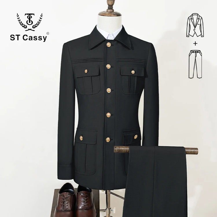 ST Cassy Men's Suit Classic Fit Single Breasted Multiple pockets Solid Color Casual Business Dress Suit Black