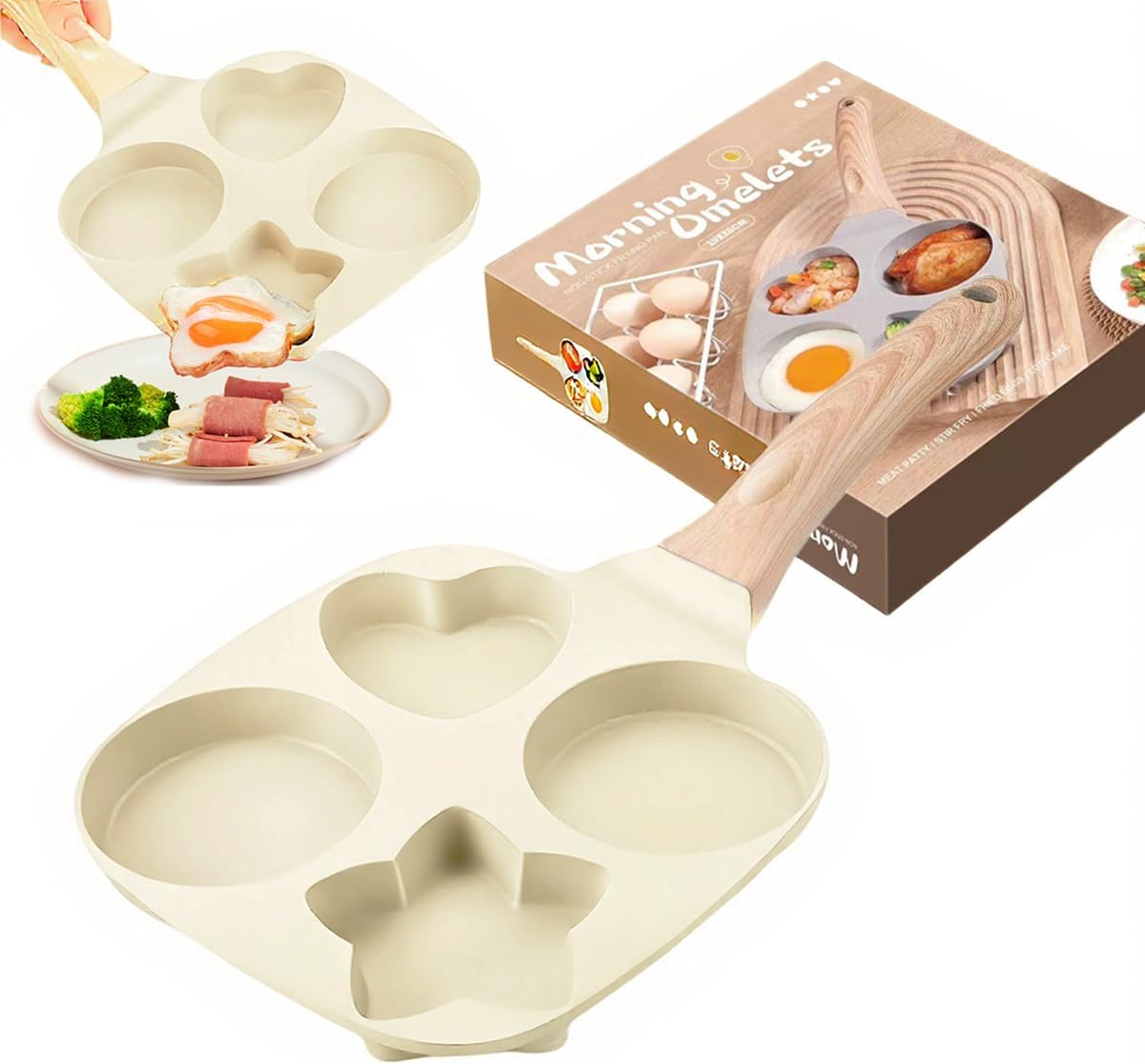 4 Cup Egg Frying Pan Nonstick, Mini Pan for Eggs with Heart & Star Pancake Molds for Kids, Small Frying Pan Skillet for Smash Burger Press and Bacon, Induction Crepe Maker, Sartenes para Huevos