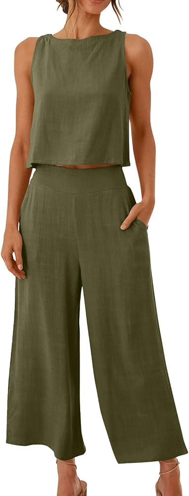 Lounge Sets for Women Two-Piece Linen Jumpsuit Sleeveless Crop Top with Wide Leg Pants Army Green