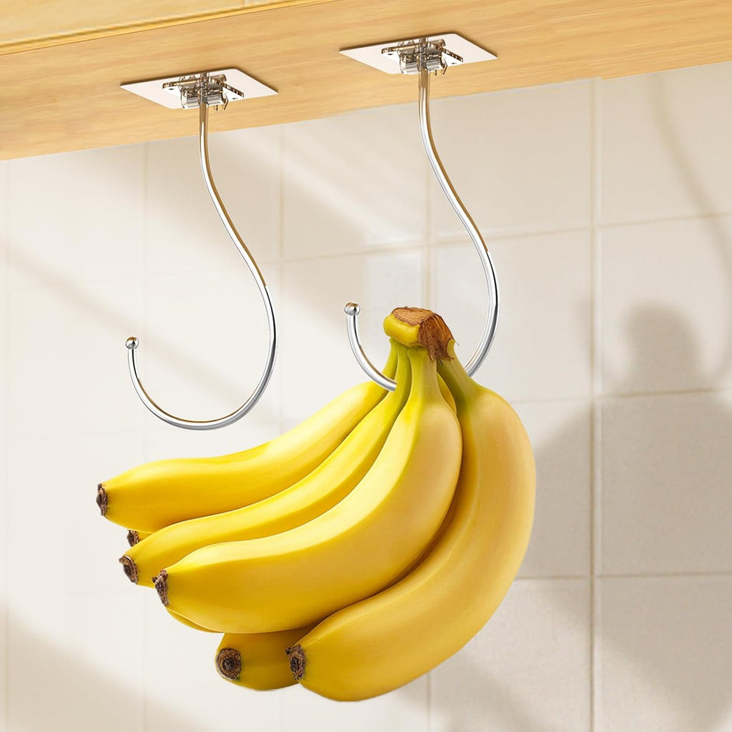 Self Adhesive Banana Hook Under Cabinet Foldable, 2 Pack Heavy Duty Metal Holder(13lb), Clear Banana Hanger