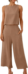 Lounge Sets for Women Two-Piece Linen Jumpsuit Sleeveless Crop Top with Wide Leg Pants Set Khaki