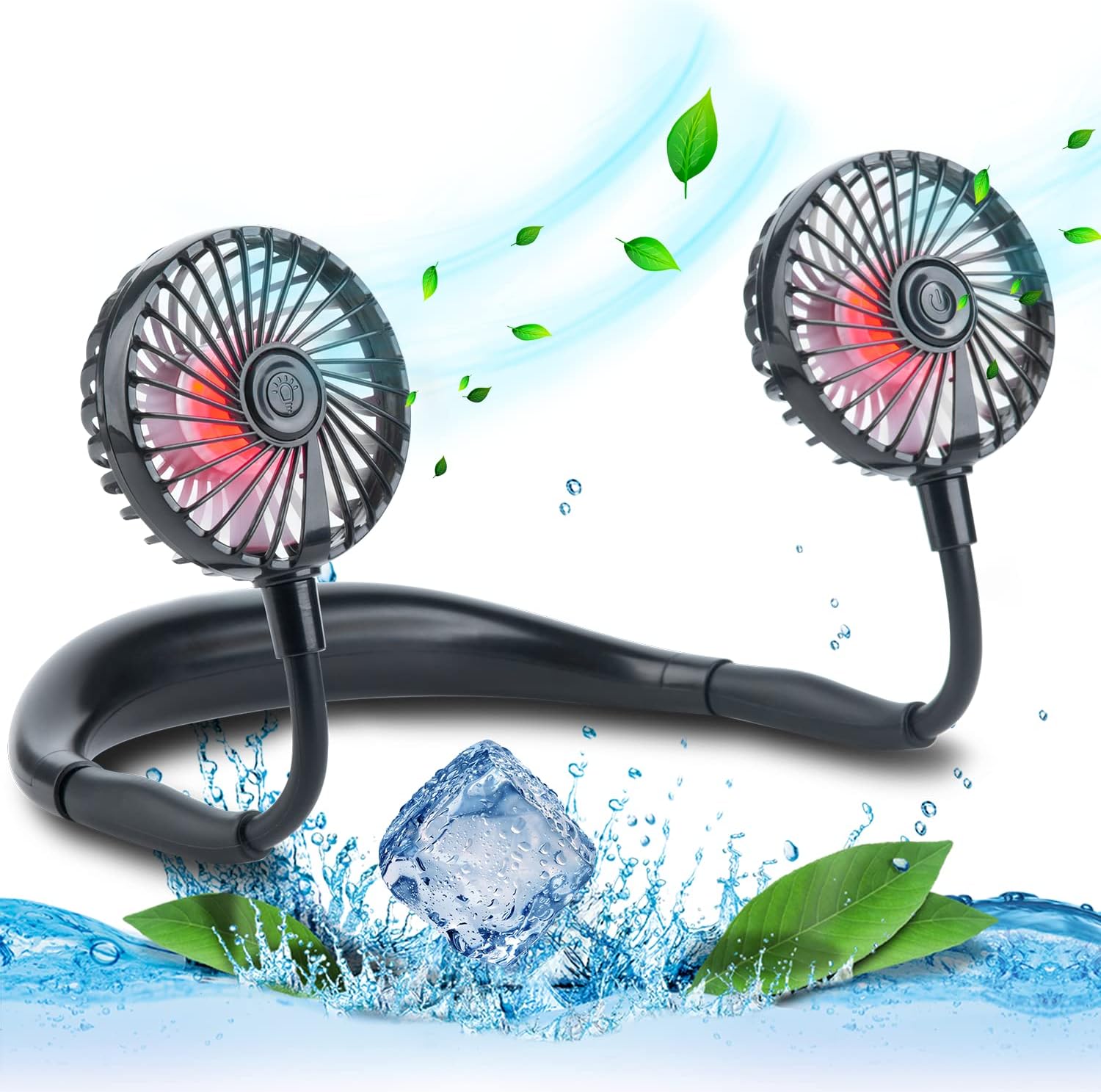 VAGAU Portable Cooling Neck Fan, Rechargeable USB Personal Neck Fans with Colorful LED lights, 360° Rotation, Wearable Neck Fan Air Conditioner for Office Travel Sport, 3 Adjustable Speeds