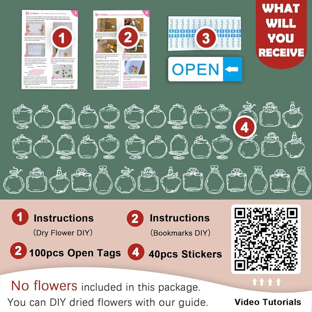 Transparent Bookmark for Dried Flowers, 40Pcs DIY Press Flower Bookmarks, Plastic Clear Jars Stickers Set with Instructions (Pressed Dry Flowers Excluded)