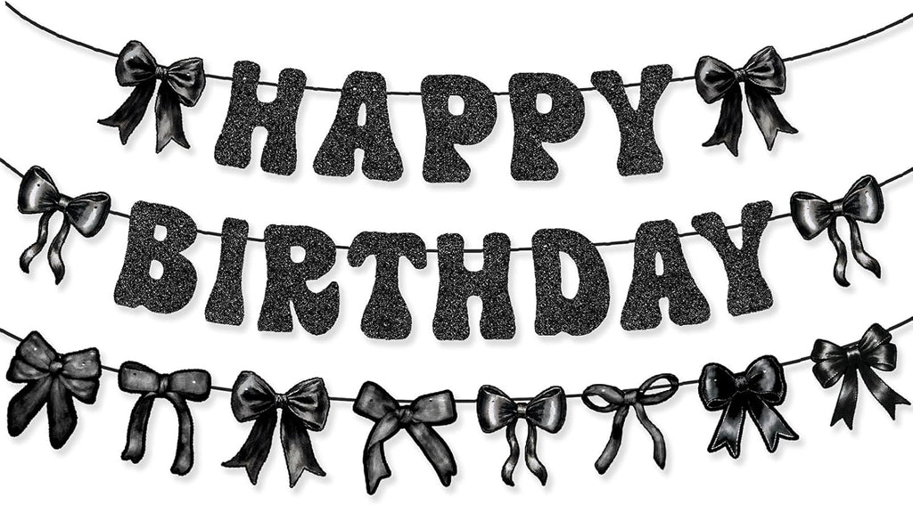 Black Bow Birthday Decorations Bow Happy Birthday Banner Garland for Black and White Coquette Party Decor