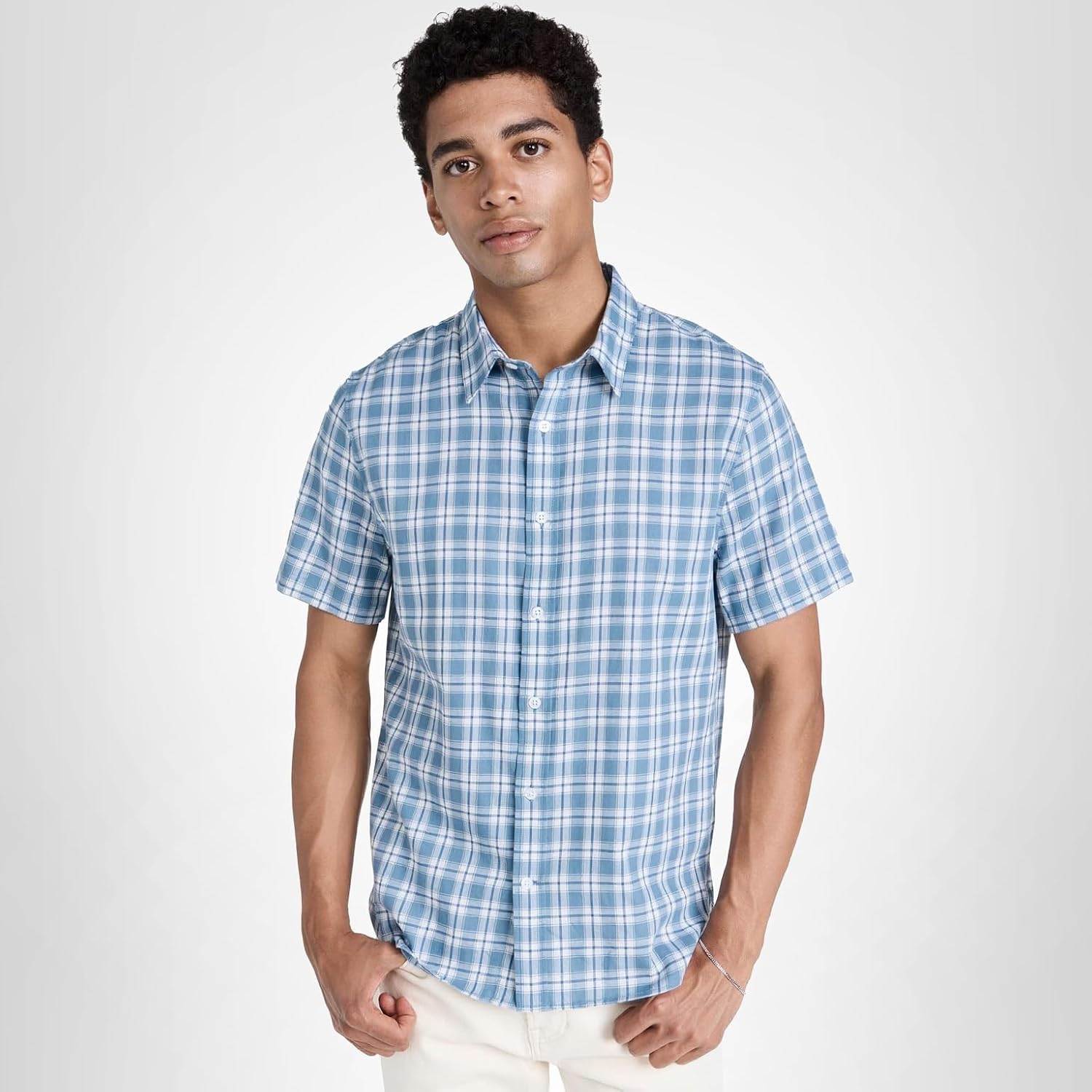 Vince Mens Waterfront Plaid S/S,Smoke Blue,medium
