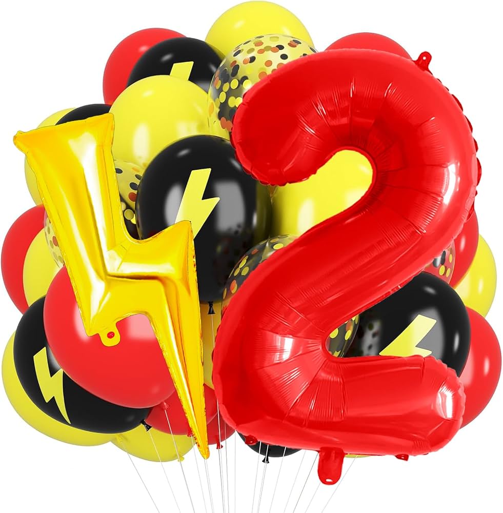 Red Yellow Black Balloons, 40 Inch Red 2 balloon number Lightning Bolt Balloon Confetti Balloons for Toy Carnival Party Decorations 2nd Birthday Decorations for Boys (Red 2)