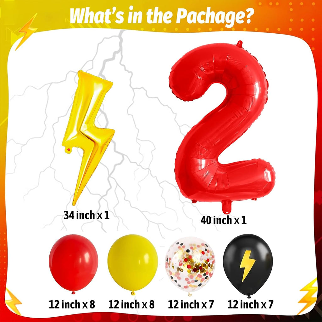 Red Yellow Black Balloons, 40 Inch Red 2 balloon number Lightning Bolt Balloon Confetti Balloons for Toy Carnival Party Decorations 2nd Birthday Decorations for Boys (Red 2)
