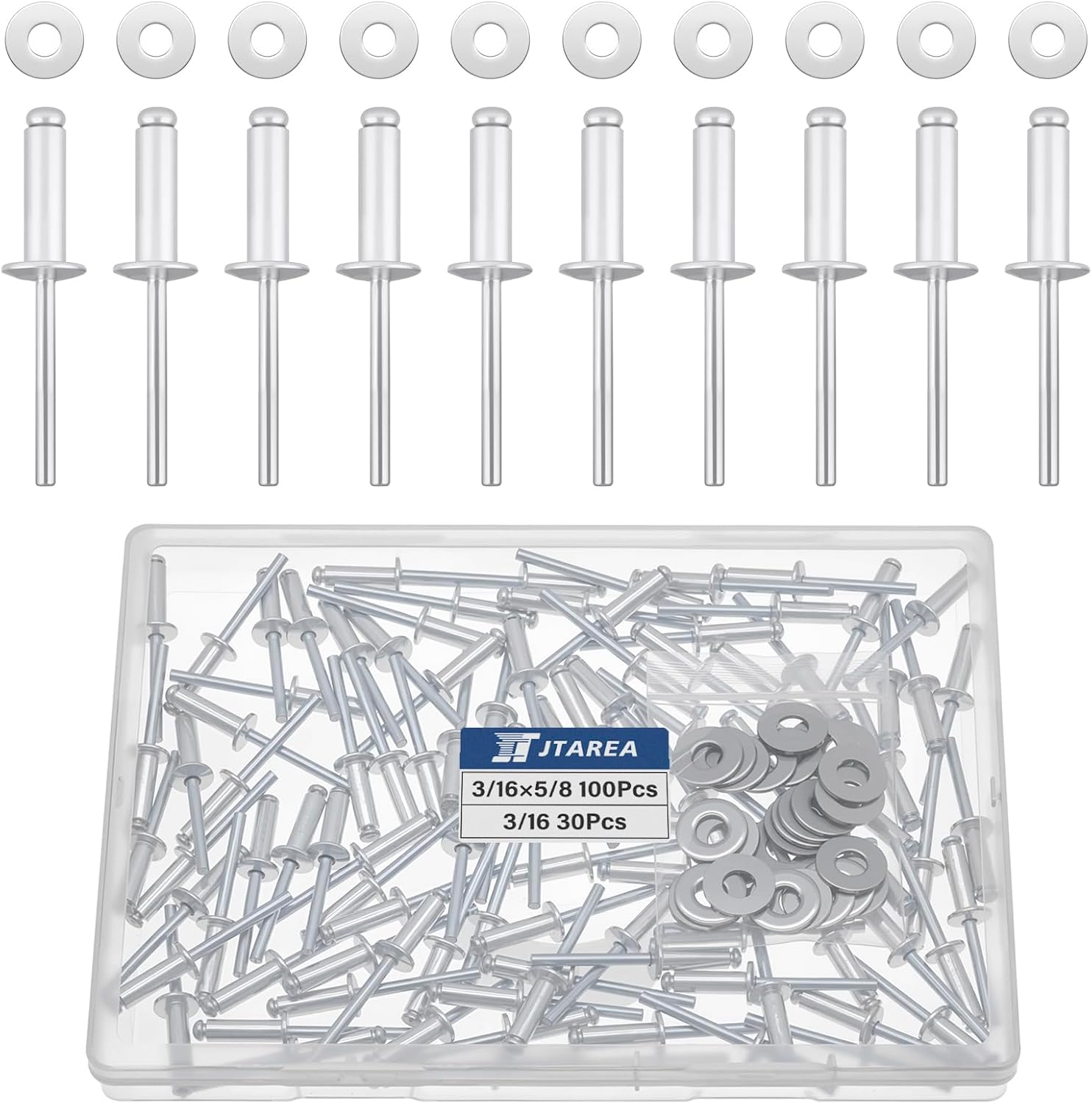 3/16" x 5/8" Silver Aluminum Pop Rivets with Stainless Steel Washers 4.8 x 16mm Blind Rivet Assortment Kit (Pack of 130pcs)