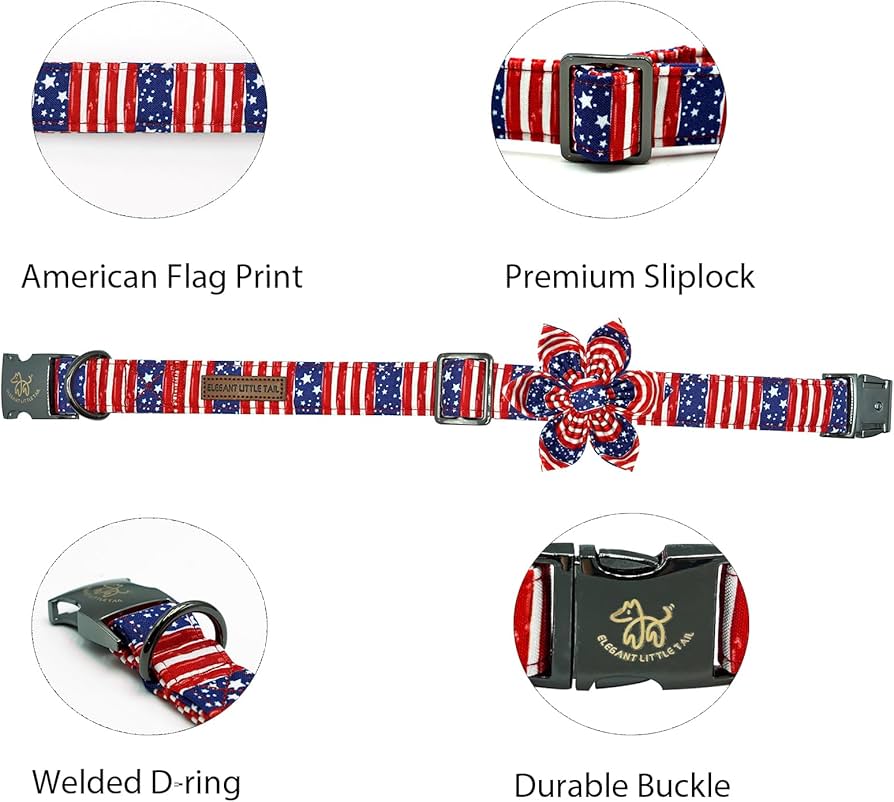 Independence Dog Collar, Patriotic Pet Collar with Flower American 4th of July Holiday