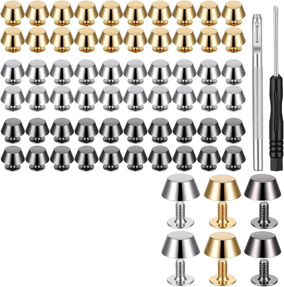 LXUEJIE 60 Set Purse Feet for Handbags and Hollow Hole Puncher Screwdriver, Screw Back Stud Purse Feet, Nailhead Brass Studs Rivets, Flat Head Stud Metal Studs for DIY Purses Leather Craft