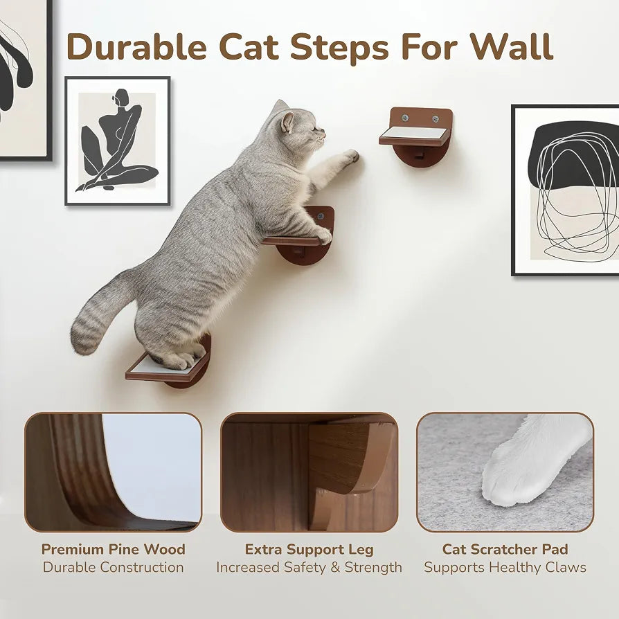 32LBS Capacity Cat Wall Steps for Indoor Cats Climbing, Set of 3 Cat Wall Climber System with Anti-Slip Scratching Pads, Wall-Mounted Steps for Various Shelves & Perches, Brown Wood