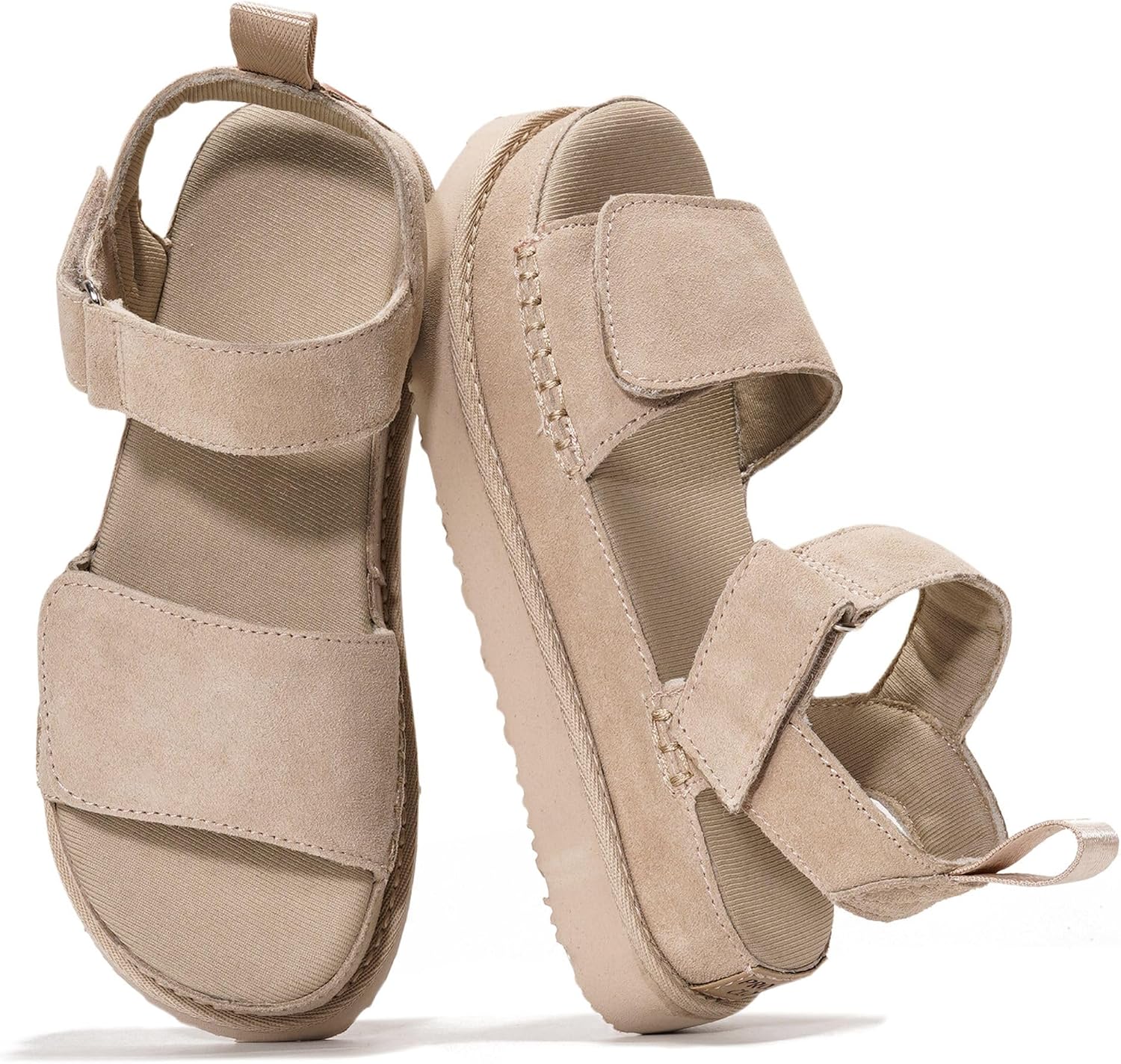 Genuine Leather Platform Sandals For Women - Memory Foam Insole Slip Resistant Chunky Womens Sandals with adjustable straps