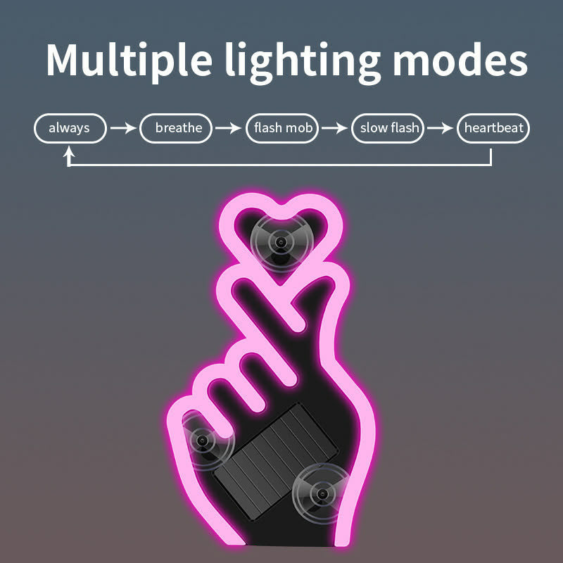 Solar Powered Car LED Ambient Light - Finger Heart Neon Accent for Rear & Side Windows, 5 Modes