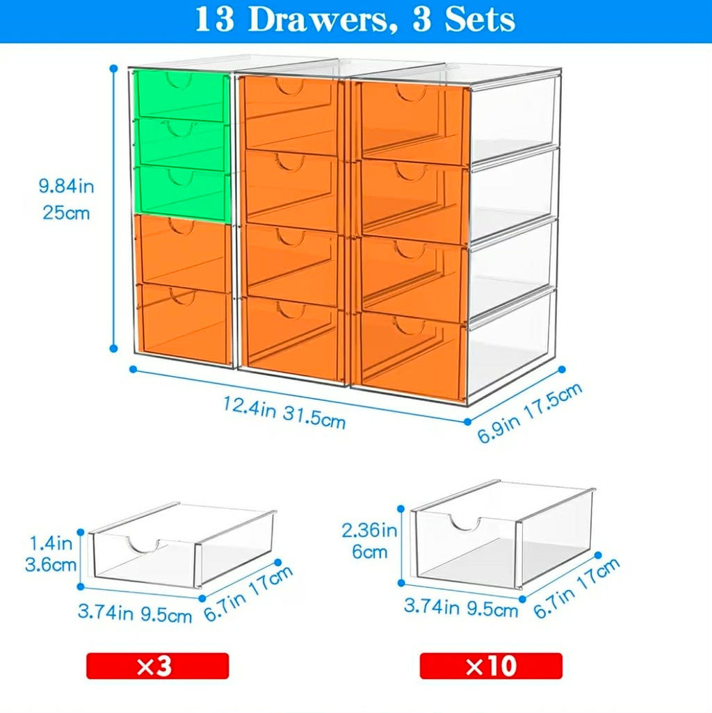 Acrylic 13-Drawer Storage & Makeup Organizer for Desk, Bath
