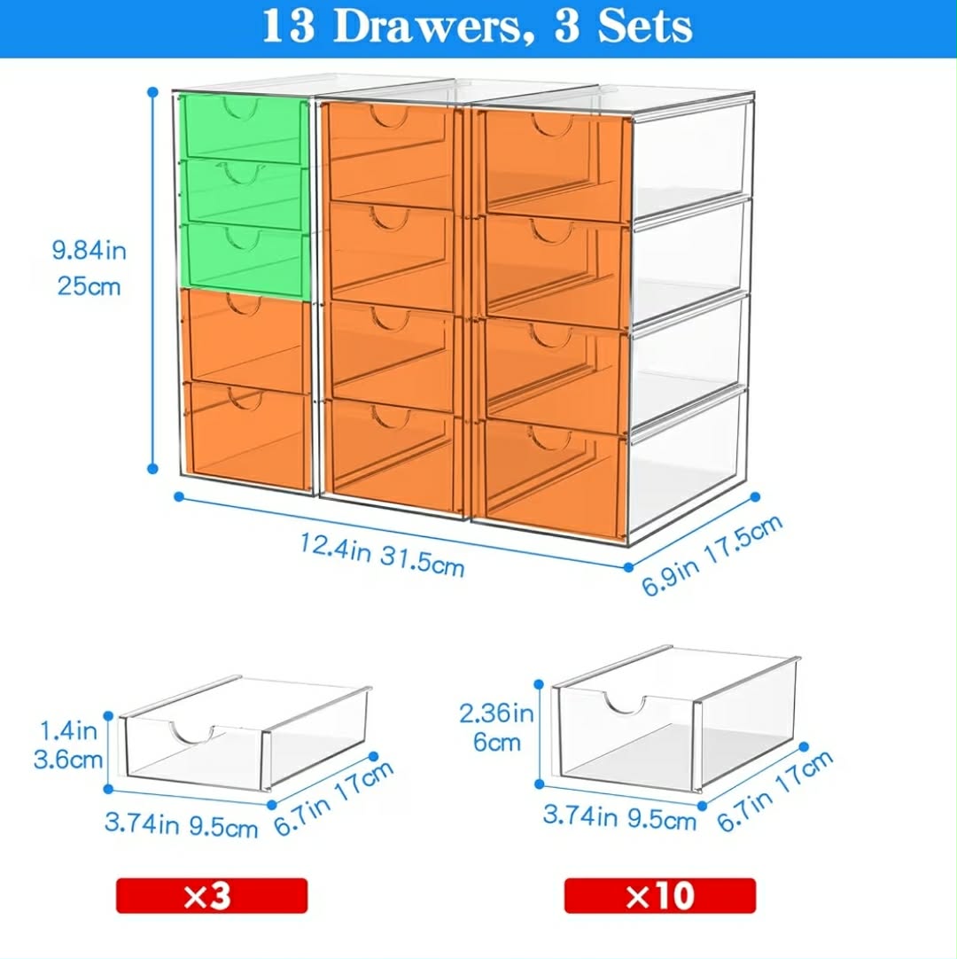 Acrylic 13-Drawer Storage & Makeup Organizer for Desk, Bath