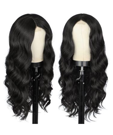 Black Wig for Women 26 Inch Pre Cut Hand-Tied Lace Long Wavy Natural Hairline Middle Part