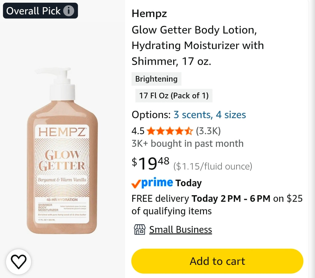 Hempz Glow Getter Body Lotion, Hydrating Moisturizer with Shimmer, 17 oz.