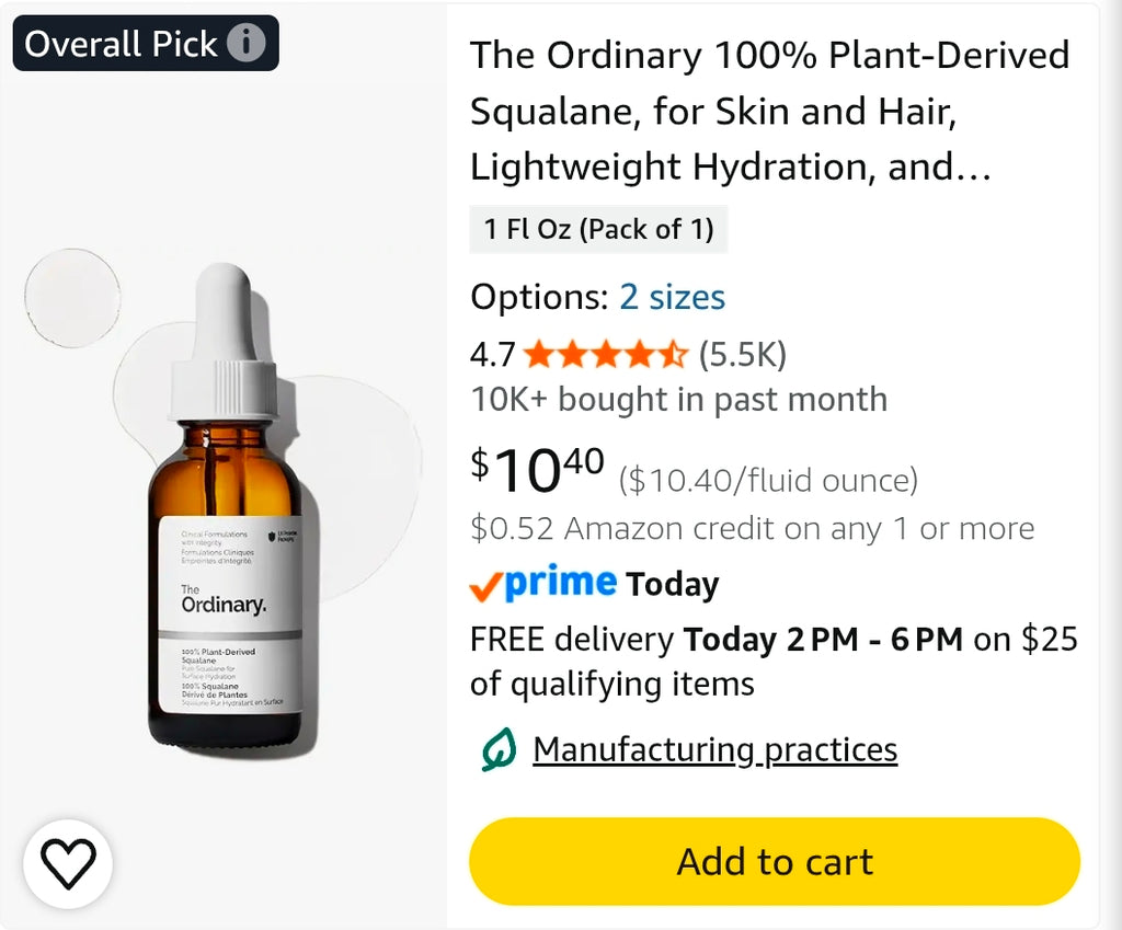 The Ordinary 100% Plant-Derived Squalane, for Skin and Hair, Lightweight Hydration, and Moisture Barrier Support, 1 Fl Oz