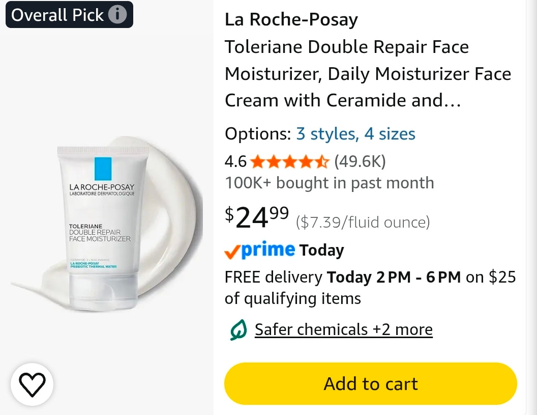 La Roche-Posay Toleriane Double Repair Face Moisturizer, Daily Moisturizer Face Cream with Ceramide and Niacinamide for All Skin Types, Oil Free, Fragrance Free