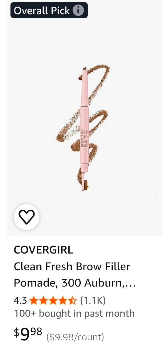 Covergirl Clean Fresh Brow Filler Pomade, 300 Auburn, Eyebrow Pencil, Ultra-Precise Tip, Creamy Formula, Highly Pigmented, Soft Matte Finish, Vegan Formula