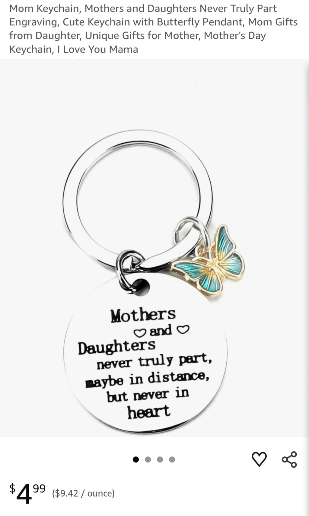 Keychain, Mothers and Daughters Never Truly Part Engraving, Cute Keychain with Butterfly Pendan