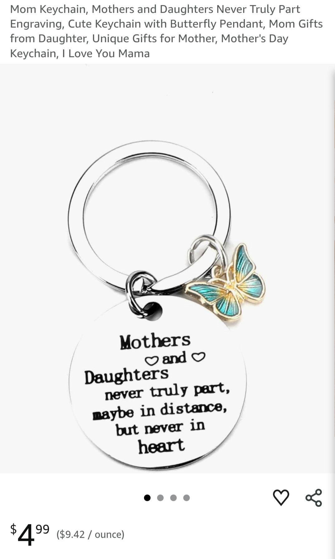 Keychain, Mothers and Daughters Never Truly Part Engraving, Cute Keychain with Butterfly Pendan