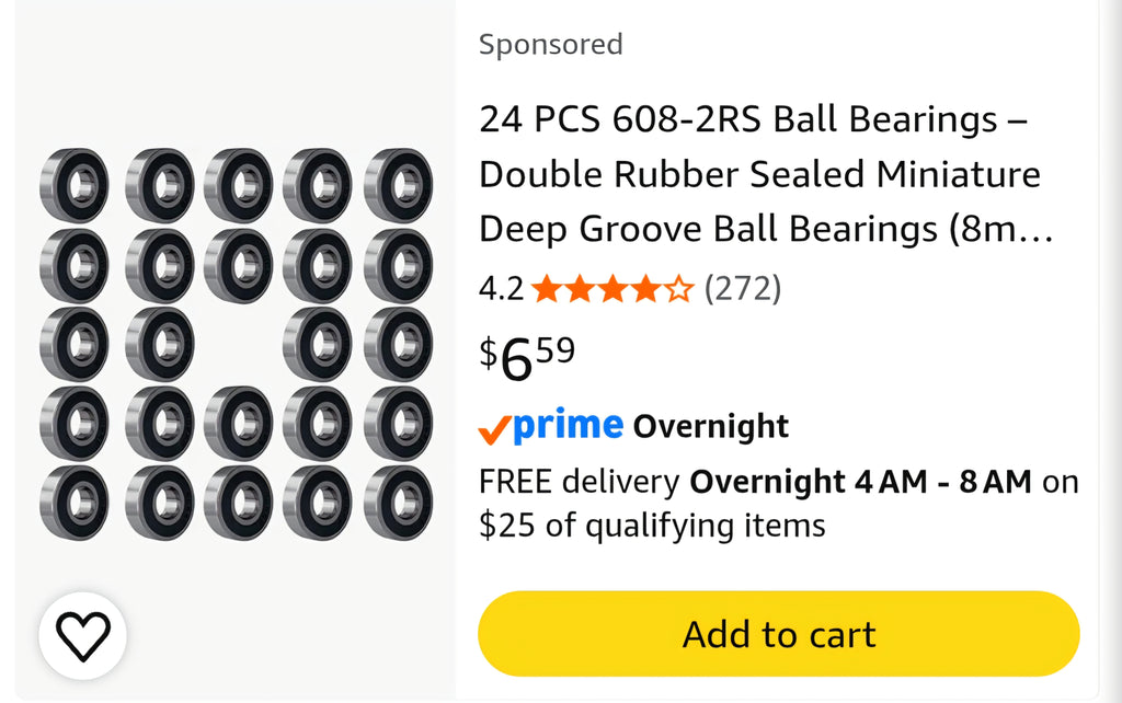 24 PCS 608-2RS Ball Bearings – Double Rubber Sealed Miniature Deep Groove Ball Bearings (8mm x 22mm x 7mm) (608 2RS)