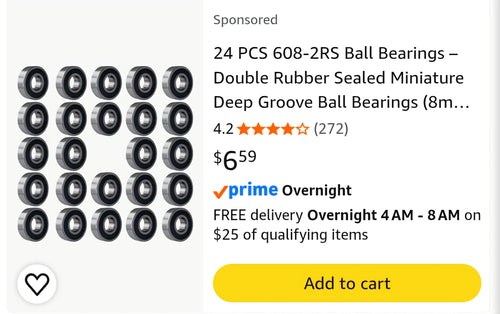 24 PCS 608-2RS Ball Bearings – Double Rubber Sealed Miniature Deep Groove Ball Bearings (8mm x 22mm x 7mm) (608 2RS)
