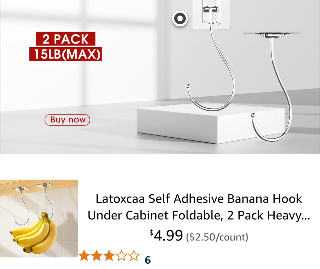 Self Adhesive Banana Hook Under Cabinet Foldable, 2 Pack Heavy Duty Metal Holder(13lb), Clear Banana Hanger