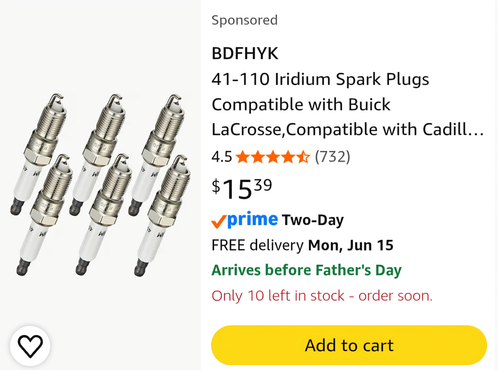 41-110 Iridium Spark Plugs Compatible with Buick LaCrosse,Compatible with Cadillac Escalade,Avalanche Impala Silverado 2500 HD Suburban 3500 HD Tahoe,Savana Sierra Yukon 4.3L 5.3L 6.0L Set of 6