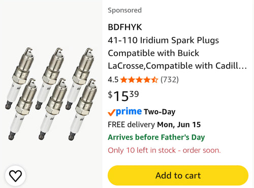 41-110 Iridium Spark Plugs Compatible with Buick LaCrosse,Compatible with Cadillac Escalade,Avalanche Impala Silverado 2500 HD Suburban 3500 HD Tahoe,Savana Sierra Yukon 4.3L 5.3L 6.0L Set of 6