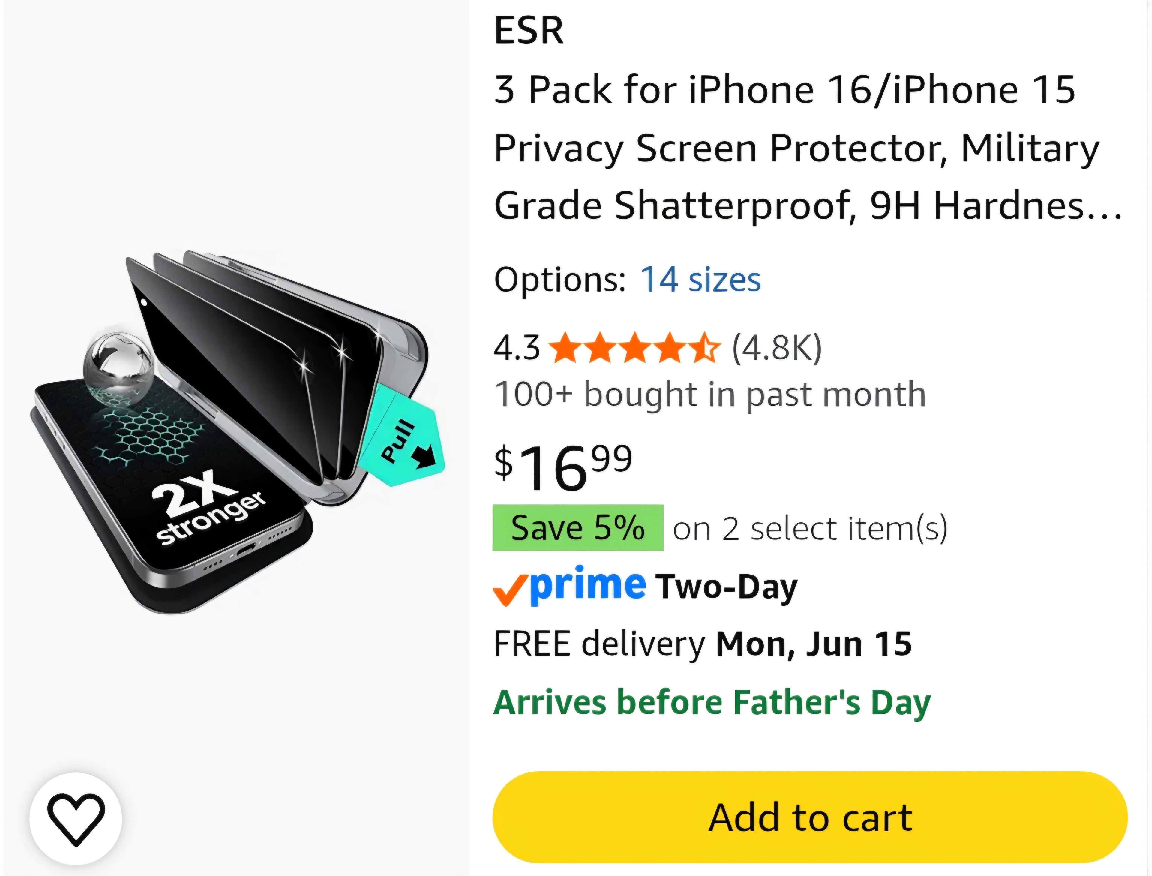 ESR 3 Pack for iPhone 16/iPhone 15 Privacy Screen Protector, Anti-spy Tempered-Glass Privacy Screen Protector with Flawless Fit Tray, Micro-curved Edges, Case Friendly