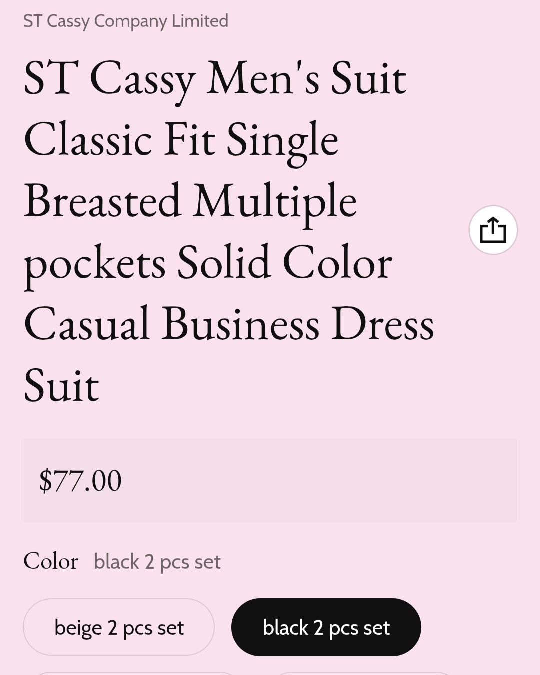 ST Cassy Men's Suit Classic Fit Single Breasted Multiple pockets Solid Color Casual Business Dress Suit Black