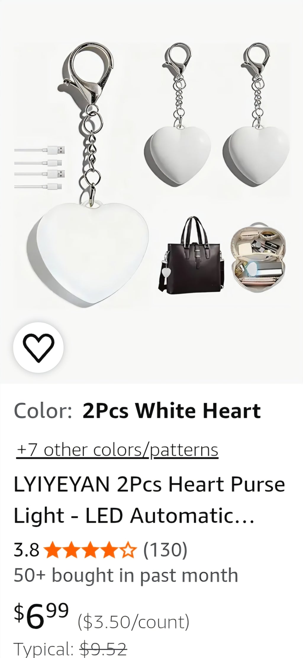 2Pcs Heart Purse Light - LED Automatic Sensor Handbag Lamp, Rechargeable Mini Bag Night Light for Women & Girls - Touch Activated Keychain Light for Totes, Backpacks