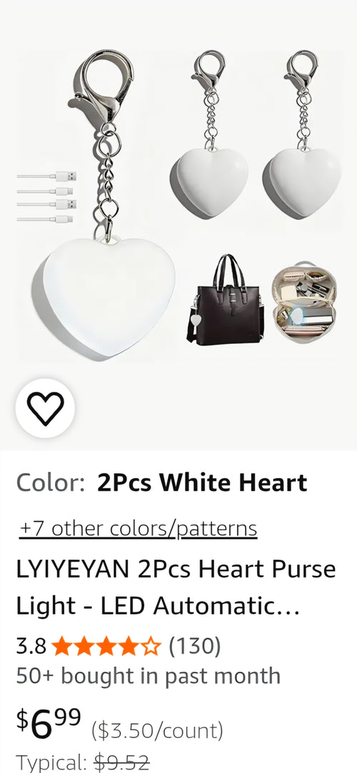 2Pcs Heart Purse Light - LED Automatic Sensor Handbag Lamp, Rechargeable Mini Bag Night Light for Women & Girls - Touch Activated Keychain Light for Totes, Backpacks