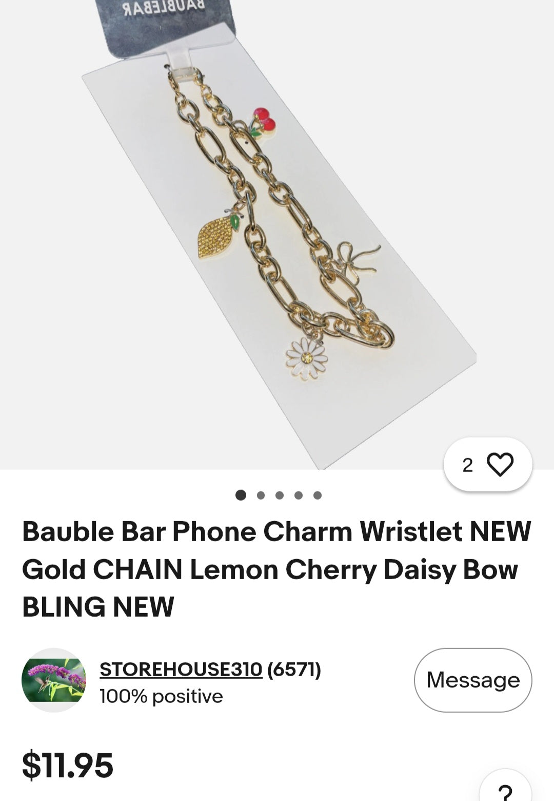 Bauble Bar Phone Charm Wristlet NEW Gold CHAIN Lemon Cherry Daisy Bow BLING NEW