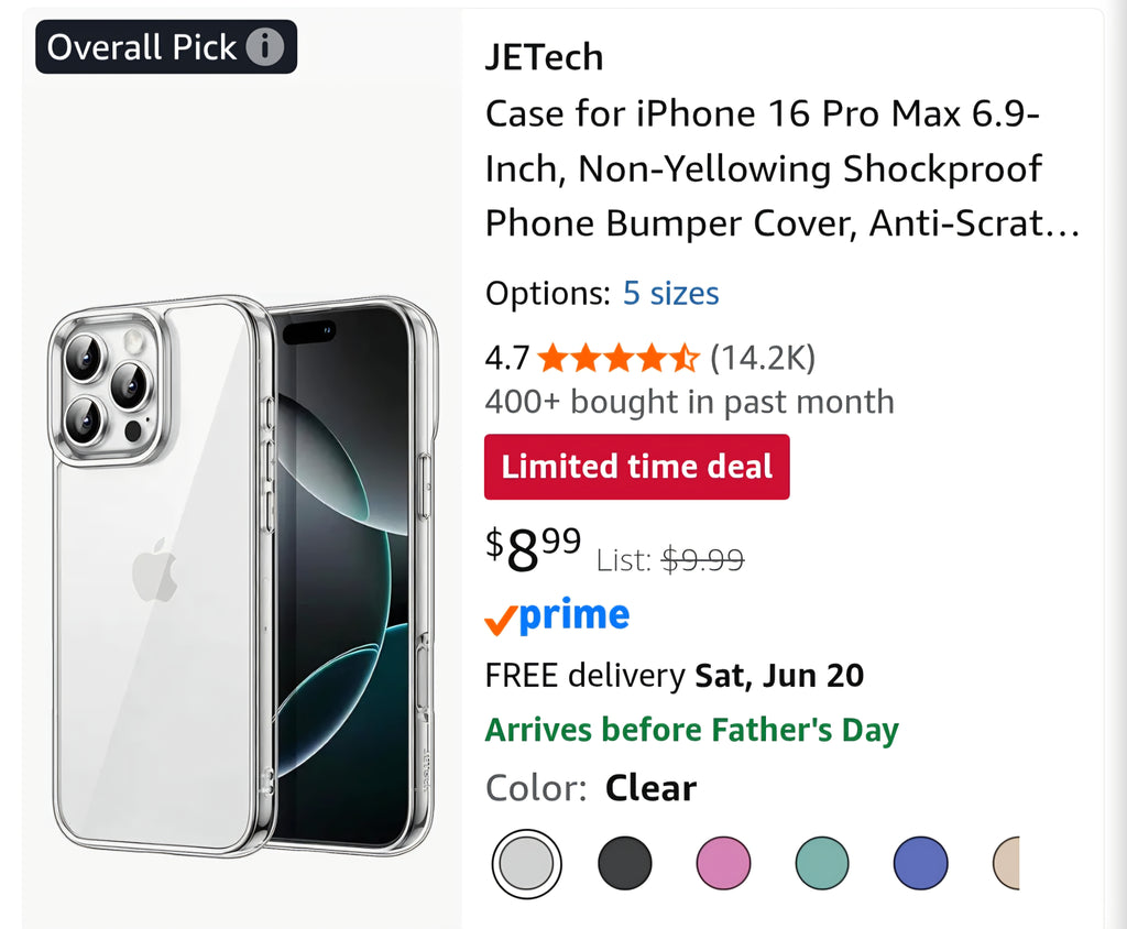 JETech Case for iPhone 16 Pro Max 6.9-Inch, Non-Yellowing Shockproof Phone Bumper Cover, Anti-Scratch Clear Back (Clear)
