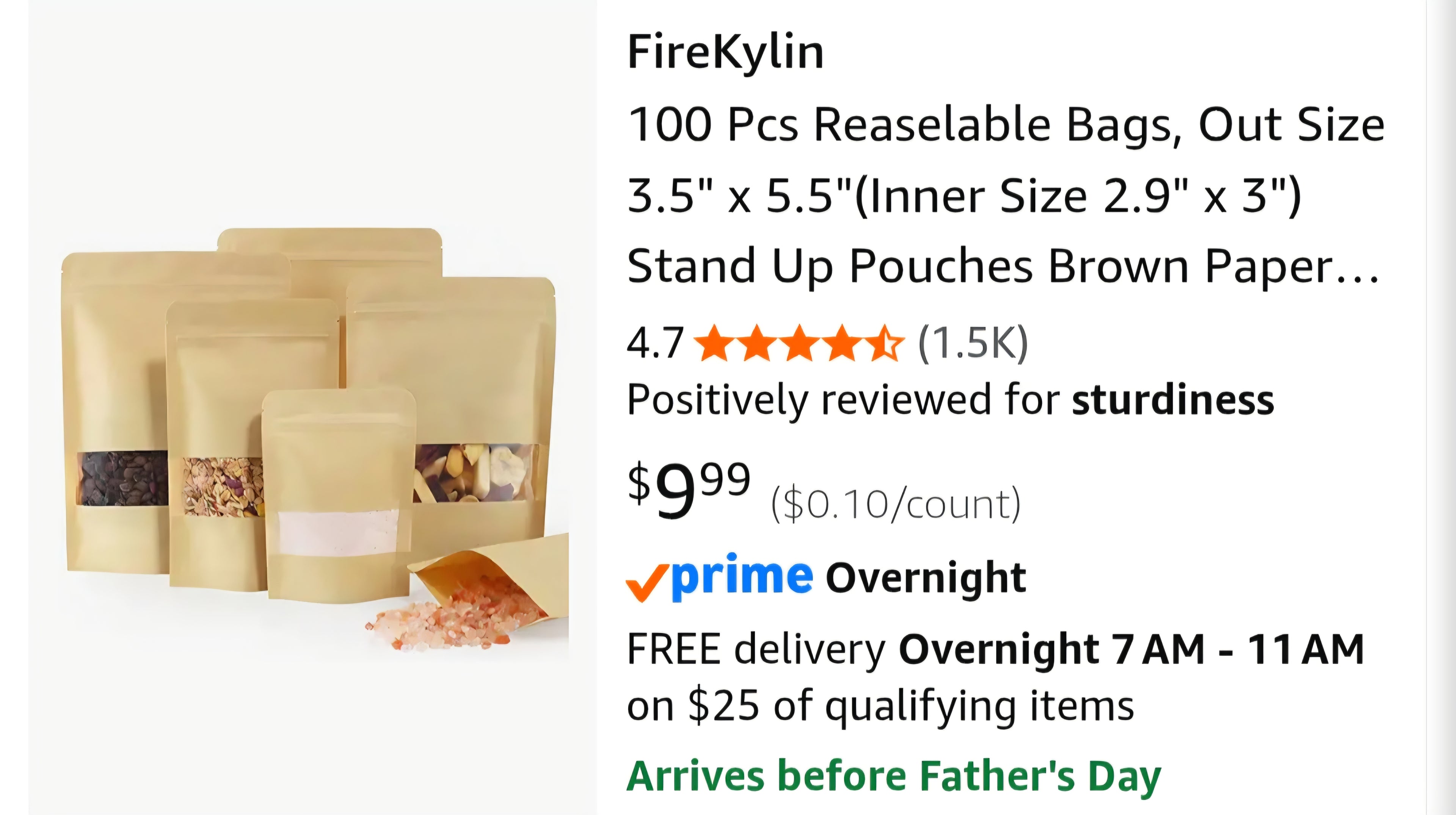 FireKylin 100 Pcs Reaselable Bags, Out Size 3.5" x 5.5"(Inner Size 2.9" x 3") Stand Up Pouches Brown Paper Bags with Window, Zipper Food Storage Bags for Packaging Products, Reusable, Sealable