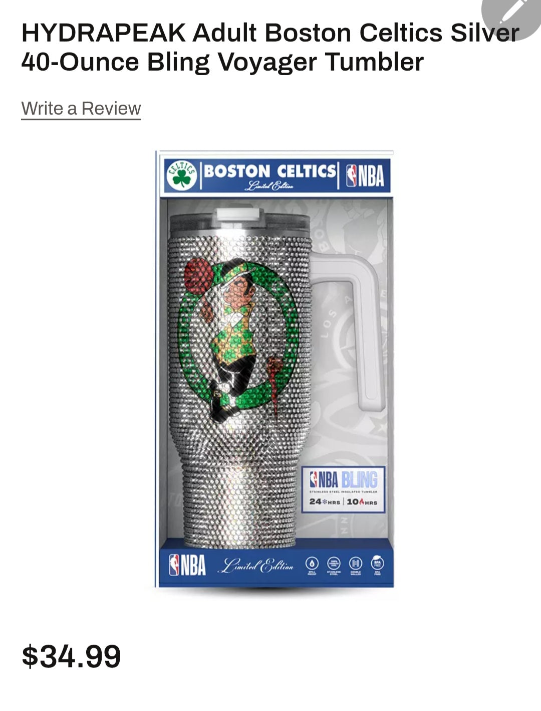 HYDRAPEAK Adult Boston Celtics Silver 40-Ounce Bling Voyager Tumbler