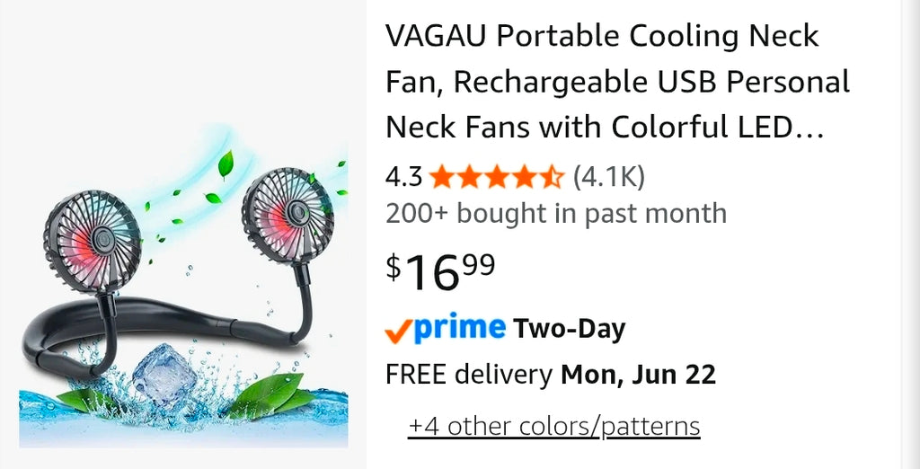 VAGAU Portable Cooling Neck Fan, Rechargeable USB Personal Neck Fans with Colorful LED lights, 360° Rotation, Wearable Neck Fan Air Conditioner for Office Travel Sport, 3 Adjustable Speeds