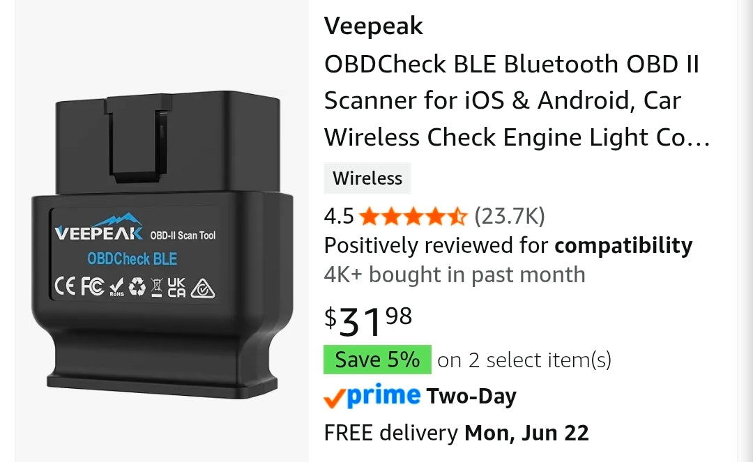 Veepeak OBDCheck BLE Bluetooth OBD II Scanner for iOS & Android, Car Wireless Check Engine Light Code Reader Diagnostic Tool