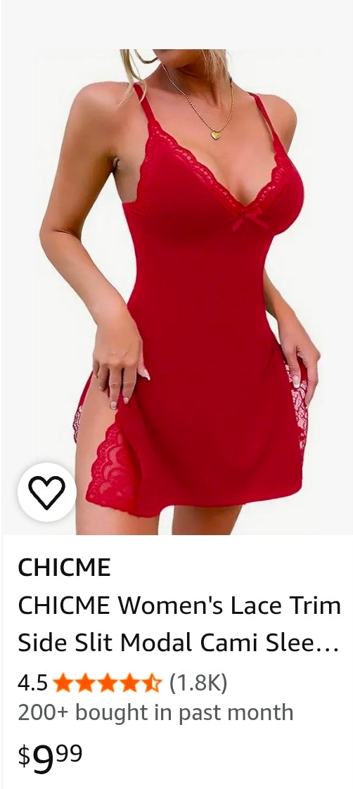 CHICME Women's Lace Trim Side Slit Modal Cami Sleep Dress Loungewear Cute Night Gowns for Women