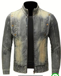 Men's Heavyweight Washed Denim Jacket - Gradient Vintage Workwear Style with Stand Collar, Slim Fit American Retro Streetwear Coat