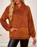Unisex Brown Hooded Sweatshirt Winter Loose Thickened Warm Pullover Furry Top Coat, Solid Color, Casual Style
