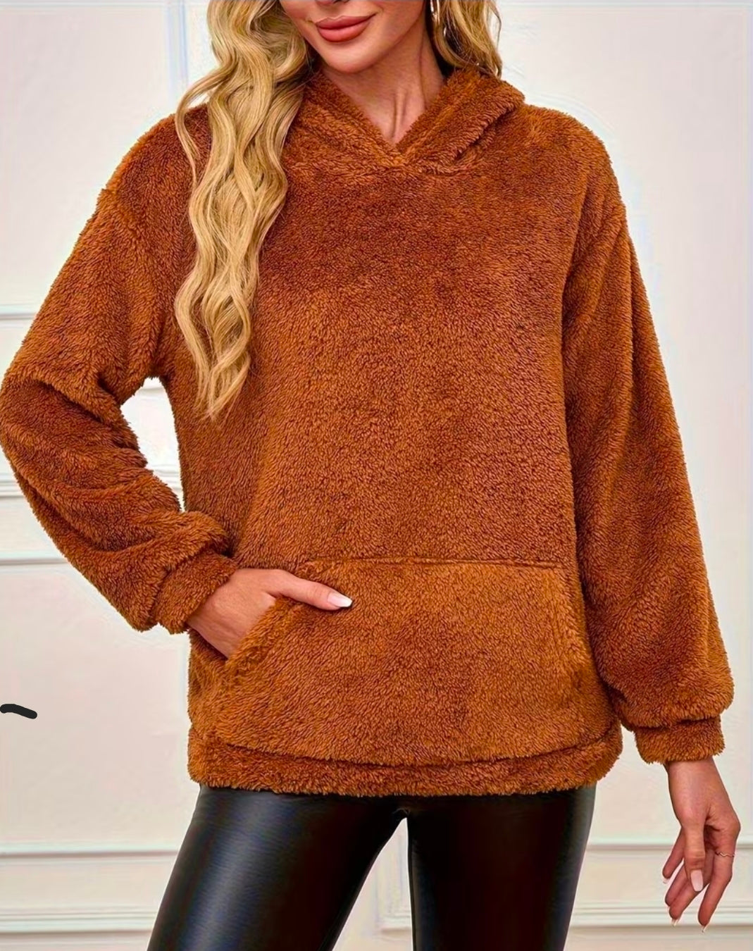 Unisex Brown Hooded Sweatshirt Winter Loose Thickened Warm Pullover Furry Top Coat, Solid Color, Casual Style