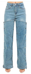 Women's Loose-Fit Mid-Stretch Straight-Leg Pants with Detachable Multi-Button Panels, Post-Apocalyptic Pants Suitable for Urban Streetwear, Hip Hop Style, Machine Washable