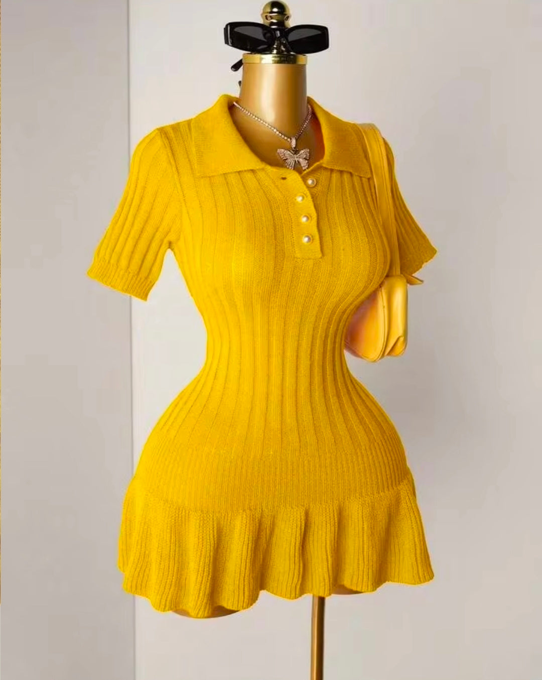 Mistrie Women's Knit Pearl Button Ribbed yellow Pleated Mini Dress, Short Sleeve Sexy Bodycon Minimalist Sweater Dress
