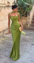 Women's Casual Elegant Retro Bohemian Style Solid Color Satin Maxi Dress, Slit Design, Backless Design, Tie Design, Scarf