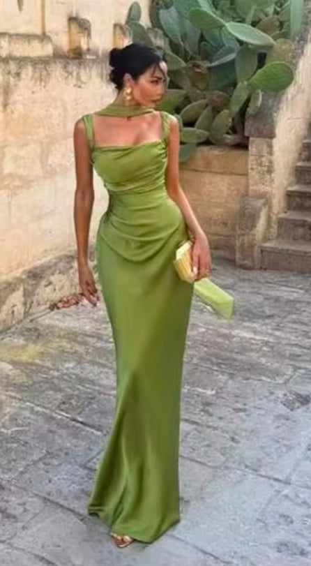 Women's Casual Elegant Retro Bohemian Style Solid Color Satin Maxi Dress, Slit Design, Backless Design, Tie Design, Scarf