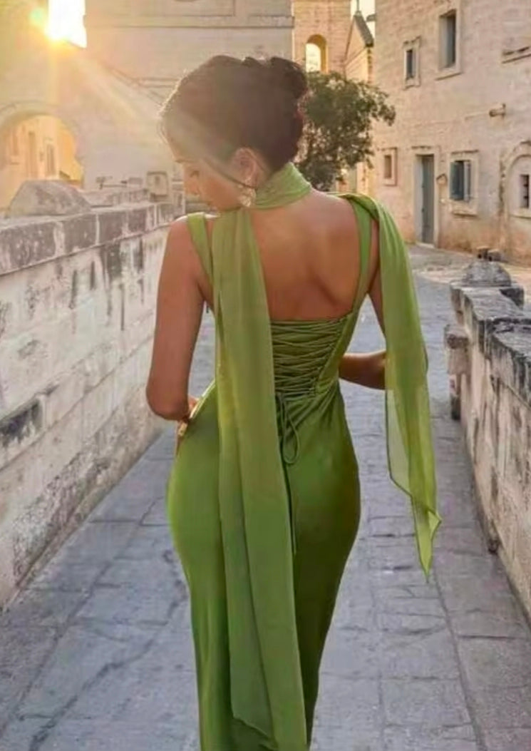 Women's Casual Elegant Retro Bohemian Style Solid Color Satin Maxi Dress, Slit Design, Backless Design, Tie Design, Scarf